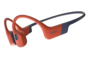 אוזניות אלחוטיות מותאמות לשחייה Shokz OpenSwim Pro – זוג אוזניות עצם בצבע כתום ואפור כהה מוצגות על רקע לבן עם טעינה מהירה