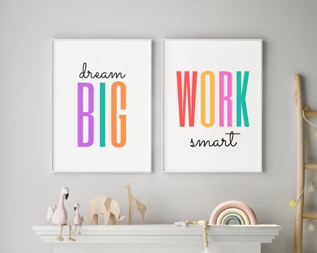 "Dream Big Work Hard" זוג תמונות מוטיבציה והשראה לחדר עבודה או למשרד מודפס על קנבס עם\בלי מסגרת