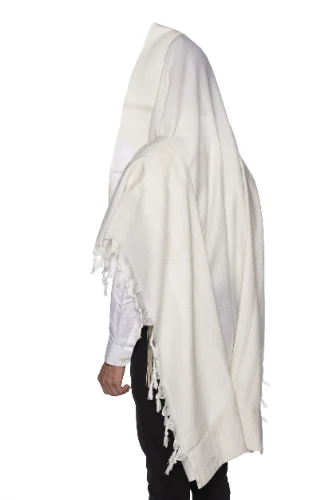 טלית צמר פאר קל פסים לבן דגם ישתבח