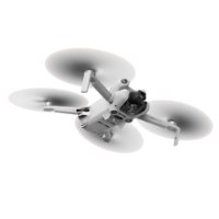 רחפן כולל שלט חכם DJI Mini 4 Pro – רחפן לבן אחד עם ארבעה פרופלורים מטושטשים על רקע לבן