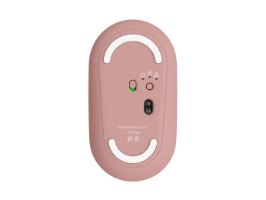 עכבר צבע ורוד Logitech Pebble 2 M350S – הצד התחתון של עכבר ורוד עם כפתור הפעלה עם חוטי