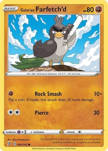 קלף בודד single פוקימון - GALARIAN FARFETCH'D- Rebel Clash - 094/192 - BULK - אנגלית