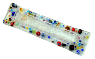 בית מזוזה מזכוכית מורנו, עבודת יד שקוף עם חרוזי מורינה מוטבעים בצבעים שונים, גודל עד 10 ס"מ