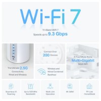 נתב מארז שתי יח Tp-Link Deco BE65 BE9300 – אינפוגרפיקה מציגה את לוגו Wi-Fi 7 יחידת נתב לבנה ותכונות עיקריות