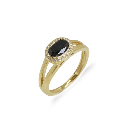טבעת זהב משובצת יהלום שחור בחיתוך אליפסה ושורת יהלומים לבנים מסביב