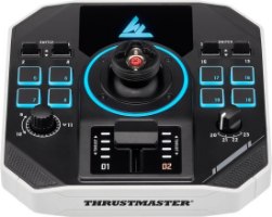 בקר טיסה מקצועי Thrustmaster Sol-R 1 Flightstick PC – יחידת בסיס שחורה ולבנה עם פקדים רבים ותאורת LED כחולה RGB