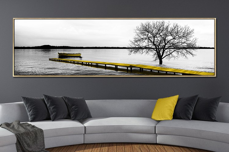 תמונת קנבס מעוצבת הדפס מזח עץ ונוף מונוכרום "ליבי נטוע בים" | תמונה גדולה לבית | תמונת קנבס לרוחב