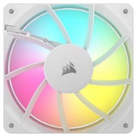 מארז שלושה מאווררים Corsair RS120 ARGB 120mm PWM Fans – מאוורר לבן בודד עם להבים מוארים בצבעי ARGB שונים על רקע לבן