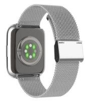 שעון חכם צבע כסף FitPro S4 – הצד האחורי של השעון הכסוף עם חיישן בריאות מואר ורצועת רשת