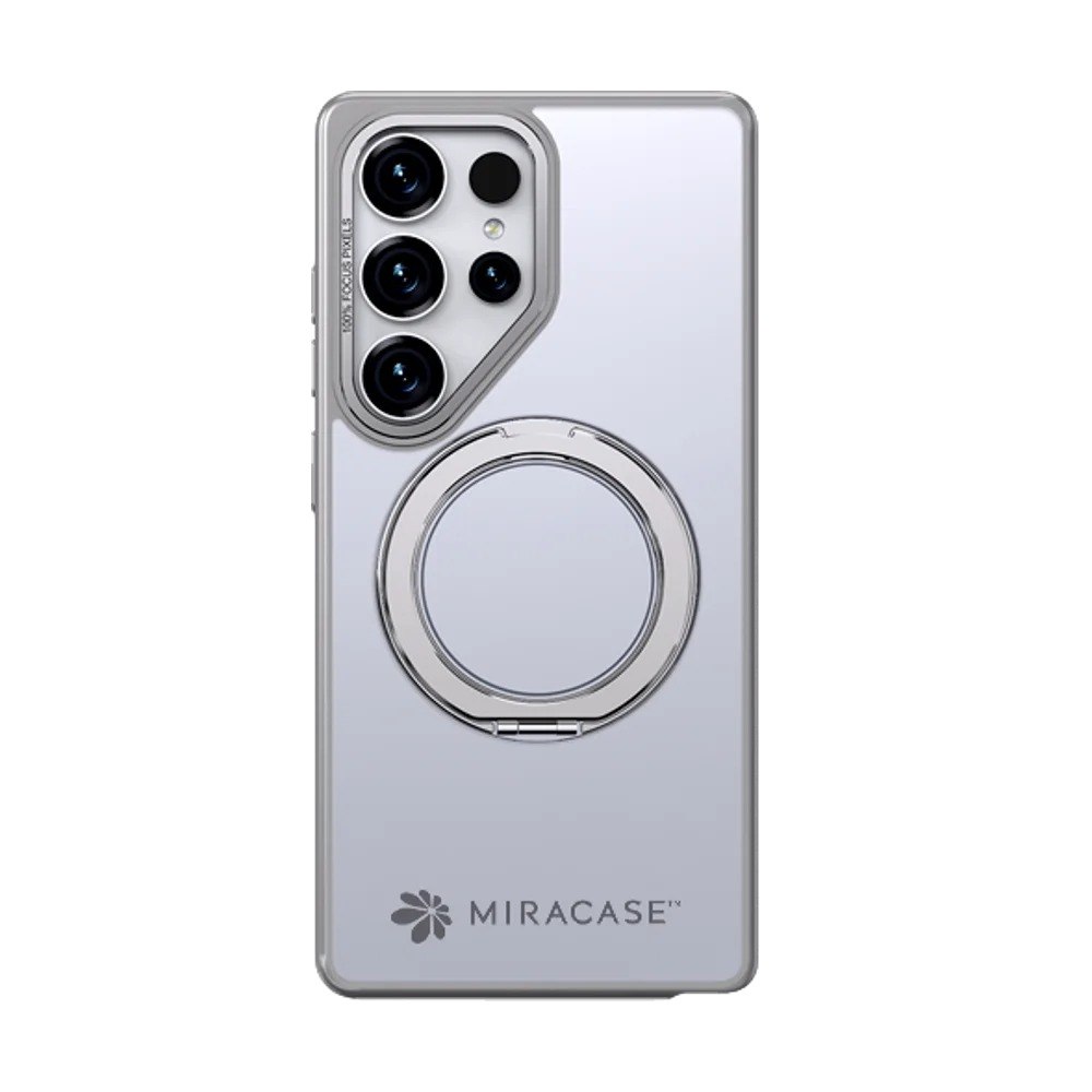 כיסוי אפור עבור Miracase Miraring Samsung S25 Ultra – אלחוטית כיסוי אפור שקוף עם טבעת מתכתית אחורית מוצג על רקע לבן