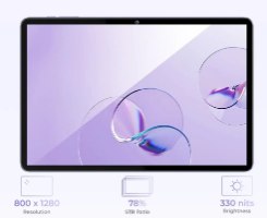 טאבלט בגודל ''Oukitel OT6 4GB + 64GB 10.1 – הטאבלט מוצג מלפנים עם תצוגה סגולה אבסטרקטית ונתוני רזולוציה