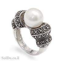 טבעת מכסף משובצת פנינה לבנה ומרקזטים RG5979 | תכשיטי כסף 925 | טבעות עם פנינה