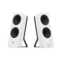 רמקולי סטריאו בלוטוס למחשב צבע לבן Logitech Z207 – שני רמקולים אלחוטיים לבנים בעלי דרייברים שחורים ורגליות כהות עם כפתור