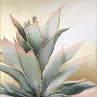"Pink Agave" סט זוג תמונות הדפס ציור של צמח האגבה על קנבס בפורמט מרובע בגווני זהב, אפור, ירוק וורוד