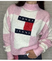 סוודר משבצות לבן ורוד  טומי הילפיגר Tommy Hilfiger jeans