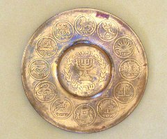 צלחת מתכת,  חתומה, עם שמות שנים עשר השבטים והסמלים שלהם, במרכז מנורה, ישראל שנות ה- 60, וינטאג'