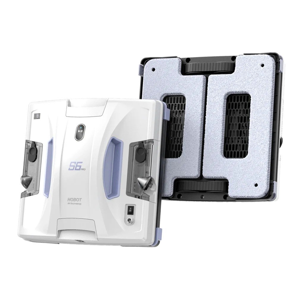מנקה חלונות רובוטי Hobot S6 Pro – שני מכשירים מוצגים אחד לבן נראה מלפנים והשני הפוך עם כריות ניקוי