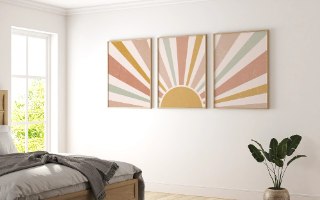 "Boho Sunrise" -סט שלוש תמונות לחדר שינה ילדים, נוער או לחדר בעיצוב בוהמי, תמונה מעוצבת של שמש זורחת