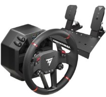 הגה מירוצים ודוושות Thrustmaster Ferrari T598 PS/PC – שחור עם נגיעות אדומות ודוושות תואמות מוצגים על רקע לבן