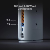 ראוטר TP-Link BE7200 WiFi 7 Dual-Band Archer BE450 – פריט בודד המציג את חיבורי הרשת הקוויים 10G ו-2 5G בגב המכשיר הלבן