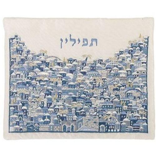 כיסוי תפילין רקמה מלאה דגם ירושלים כחול