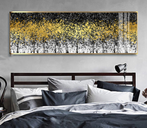 תמונת קנבס מעוצבת הדפס ציור יער אבסטרקטי "שלכת זהב" | תמונה גדולה לבית | תמונת קנבס לרוחב