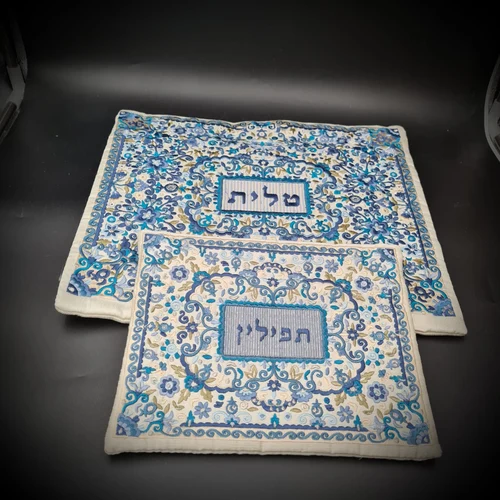 סט כיסוי טלית ותפילין פשתן רקמה פרחונית