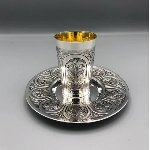 סט כוס קידוש + צלחת כסף טהור 925 דגם שערים