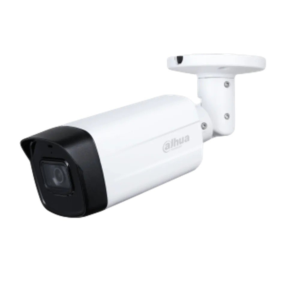 מצלמת צינור Dahua HAC-HFW1400THP-I8-S3 – מצלמת אבטחה לבנה עם חזית שחורה וזרוע הרכבה