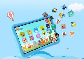 טאבלט לילדים בגודל ''Oukitel Kids OT6 4GB + 64GB 10.1 – טאבלט כחול עם ממשק ילדים מוצג באוויר מוקף באייקוני אפליקציות