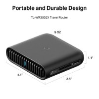נתב אלחוטי TP-Link TL-WR3002X Wi-Fi6 – נתב שחור בודד עם מידות ומשקל המפורטים על רקע לבן עם 4K