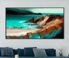 "חוף טורקיז" הדפס ציור חוף ים סלעי בגווני חום טורקיז ותכלת | מסגור ללא עלות | תמונה גדולה לסלון