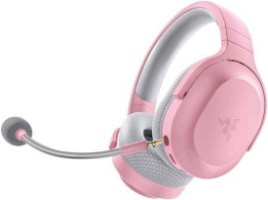 אוזניות גיימינג אלחוטיות Razer Barracuda X Quartz – סינון רעשים אוזנייה ורודה עם מיקרופון אפור מחובר מוצגת בזווית