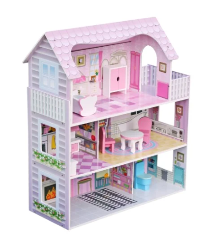 W06A139 - בית בובות לילדים שלוש קומות, בצבעים בהירים כולל ריהוט לבית, בית העץ