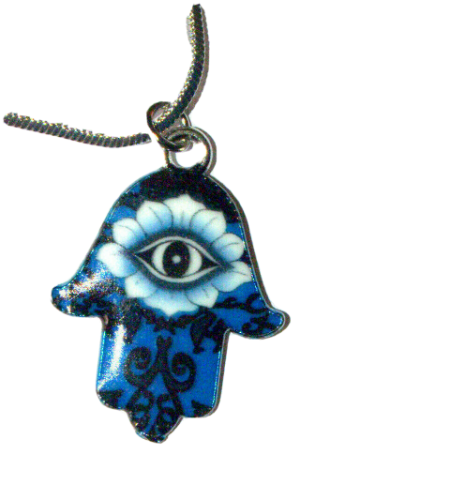 תליון קבלה חמסה עין צבעוני כחול לשמירה והגנה עם שרשרת רודיום בצבע כסף