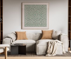 "Sage Maze.01" –תמונה מרובעת מינימאלסטית מודרנית אבסרקט בגווני ירוק בהיר ובז' בהיר לחלל מודרני