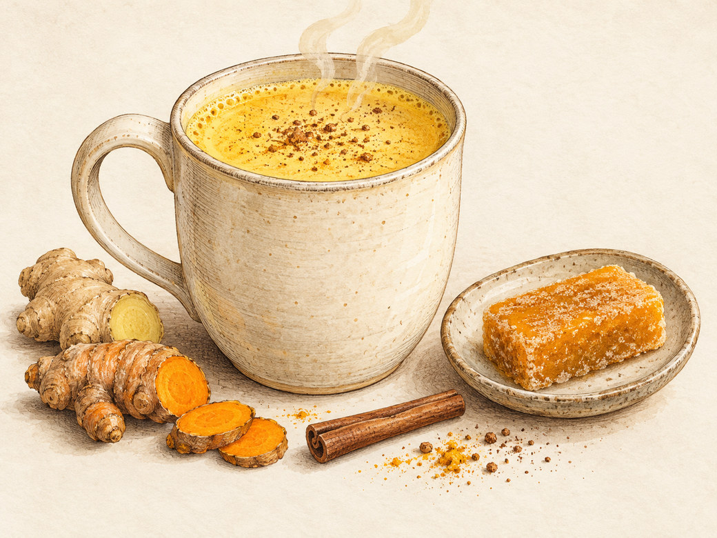 משקה כורכום וג'ינג'ר זהוב עם תבלינים