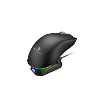 עכבר גיימינג אל חוטי עם עמדת טעינה תאורה Miracase MGMCD1 – פריט בודד עכבר שחור מונח על עמדת טעינה מוארת בתאורת RGB צבעונית