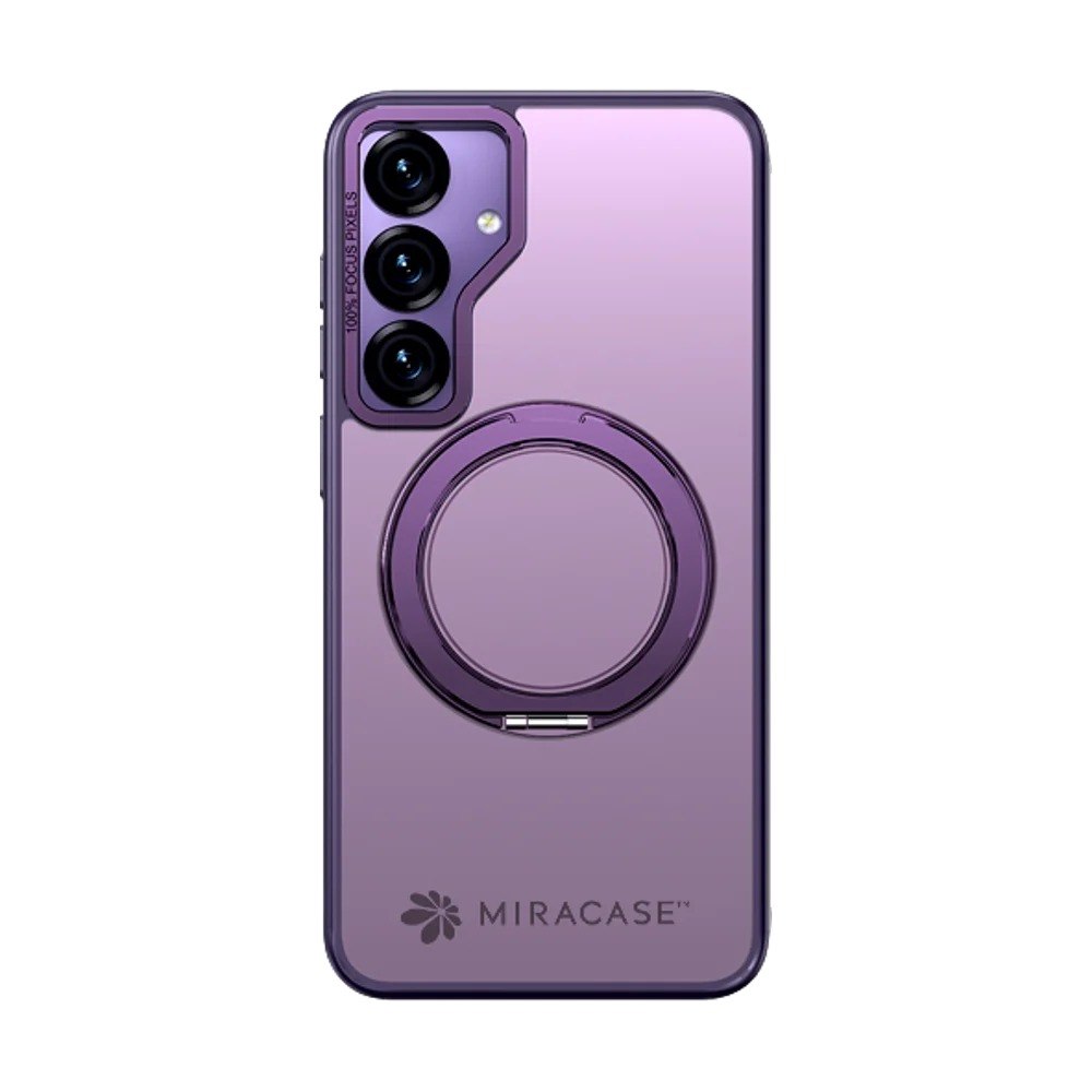 כיסוי סגול עבור Miracase Miraring Samsung S25 – אלחוטית כיסוי סגול שקוף עם טבעת אלומיניום על גבו על רקע לבן