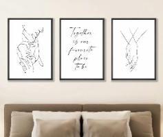 "Together" סט שלוש תמונות לחדר השינה - הדפס רומנטי על קנבס מתוח וממוסגר מוכן לתליה