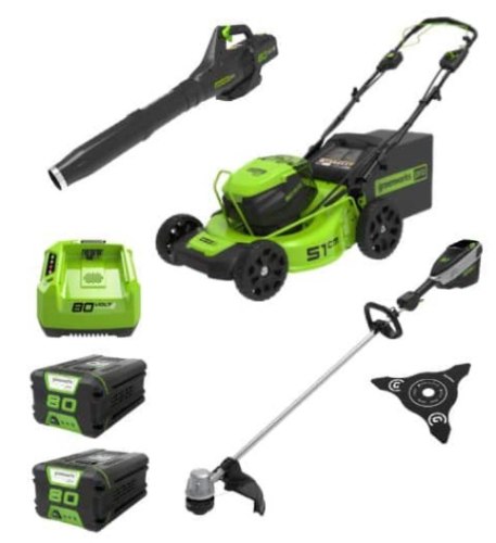 מכסחת דשא "21 + חרמש "16 + מפוח נטען בראשלס - 99579-10 GREENWORKS 80V PRO