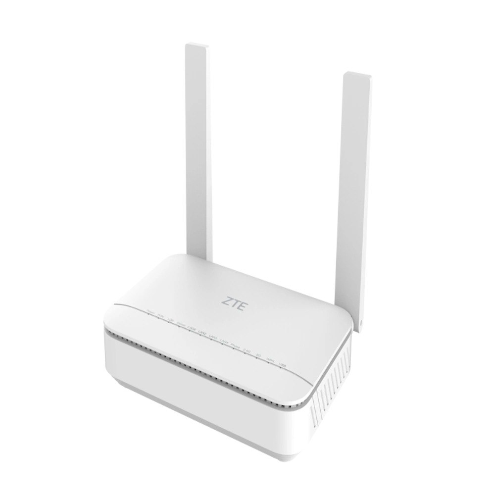 נתב Zte Zxhn F6705E Gpon Wi-Fi 7 – נתב לבן בודד עם שתי אנטנות אנכיות ולוגו ZTE מוצג על רקע לבן
