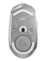 עכבר גיימינג אלחוטי Logitech G309 Lightspeed – תחתית שקופה עם חיישן אופטי, מתג ON/OFF וכפתור לוגו G.