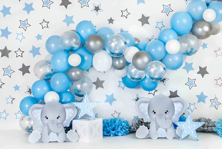 רקע בד פוליאסטר - צילום גיל שנה פילים בלונים כוכבים כחול - קייק סמאש