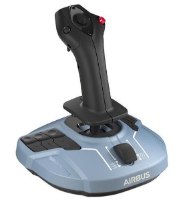 ג'ויסטיק טיסה Thrustmaster TCA SideStick Airbus Edition PC – פריט בודד בצבעי שחור ותכלת עם בסיס רחב מונח על רקע לבן