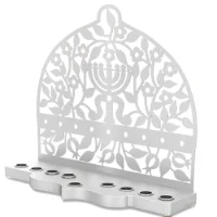 חנוכיית אלומיניום כסוף  נגזרת מנורה ופרחים