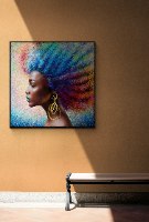 "מלכת שבא" תמונת קנבס מיוחדת של פני אישה אפריקאית בפרופיל עם אפרו צבעוני ועגיל זהב