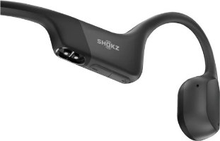 אוזניות ספורט אלחוטיות מוליכות עצם Shokz OpenRun – אוזנייה שחורה עם לוגו Shokz ולחצני שליטה על רקע לבן