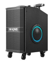 בידורית ושני מיקרופונים W-King K21SE 120W – רמקול שחור עם גלגלים ידית נשיאה וטבעת תאורה כחולה מוארת בצד Type-C