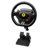 הגה וערכת דוושות Thrustmaster T98 Ferrari 296 GTB – הגה שחור עם סמל פרארי ודוושות שחורות נראים על רקע לבן